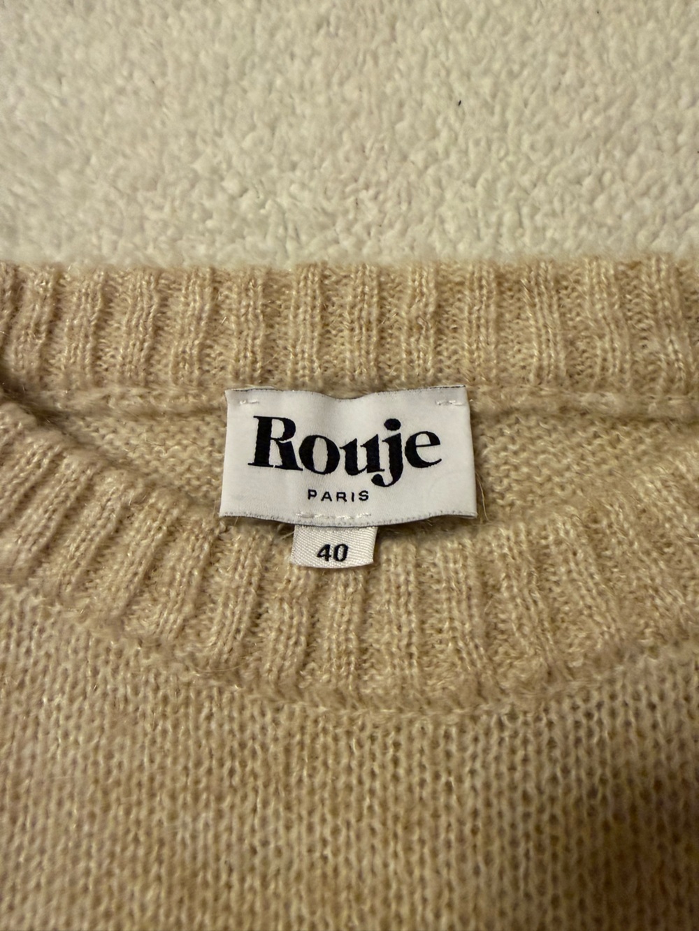 ROUJE Paris Sylvie Knit Jumper Sweater Cream Beige Oatmeal Pointelle Puff Sleeve - Picture 8 of 11
